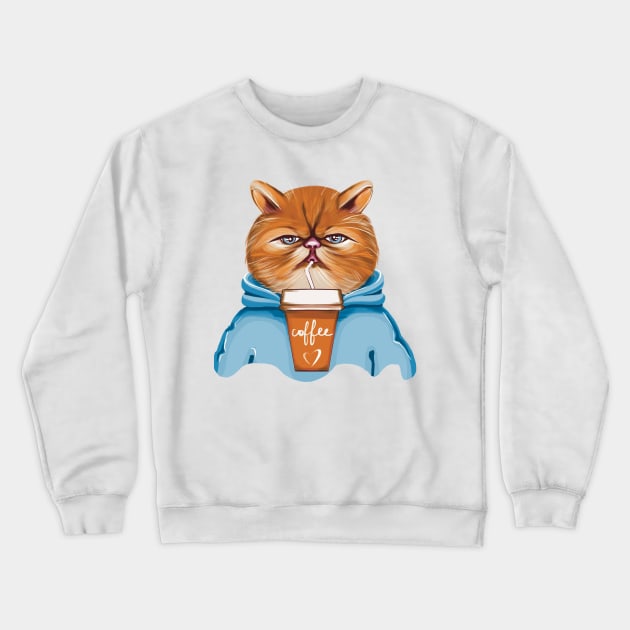 Cat with Coffee in blue hoodie Crewneck Sweatshirt by all_thebest_for_you